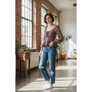 East Order Becca Burgundy Plaid Long Sleeve Blouse Women XS | Fall Thanksgiving